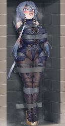 Rule 34 | 1girl, absurdres, aiza-ku, atelier (series), atelier ryza, atelier ryza 1, bdsm, black bodysuit, blue eyes, blue hair, blush, bodysuit, breasts, crossed bangs, full body, gradient hair, grey hair, hair ornament, heterochromia, highres, huge breasts, impossible bodysuit, impossible clothes, lila decyrus, long hair, looking to the side, multicolored hair, open mouth, peeing, peeing self, pink hair, red eyes, restrained, shoes, skin tight, solo, very long hair