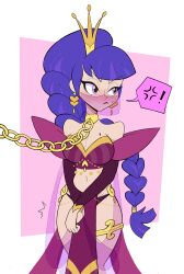 Rule 34 | 1girl, absurdres, anger vein, archived source, artist request, bare shoulders, braid, breasts, chain, cleavage, collar, crown, dc comics, dc super hero girls, drawfag, earrings, frown, harem outfit, highres, jewelry, large breasts, long hair, midriff, mole, mole on breast, mouth veil, navel, own hands together, pelvic curtain, purple eyes, purple hair, simple background, solo, spoken anger vein, veil, very long hair, zatanna zatara