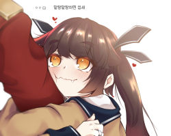 Rule 34 | 1girl, 1other, arm hug, black hair, blush, cheek press, commander (girls&#039; frontline), commentary request, fang, gamgyul mat keurim, girls&#039; frontline, griffin &amp; kryuger military uniform, hair ribbon, heart, jewelry, long hair, long sleeves, looking up, m14 (girls&#039; frontline), ribbon, ring, simple background, smile, solo focus, thick eyebrows, translation request, twintails, wavy mouth, wedding band, white background, yellow eyes