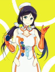 Rule 34 | 10s, 1girl, aqua eyes, black hair, breasts, cleavage, cleavage cutout, clothing cutout, corded phone, dress, elbow gloves, gloves, green eyes, hat, large breasts, latex, latex gloves, long hair, love live!, love live! school idol festival, love live! school idol project, nurse, nurse cap, orange gloves, phone, purple hair, sasamori tomoe, scrunchie, stethoscope, tojo nozomi, twintails, yellow background