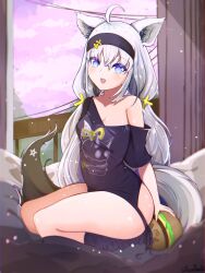 Rule 34 | 1girl, animal ear fluff, animal ears, bare legs, black shirt, blue eyes, blush, braid, breasts, cleavage, commentary request, earrings, fox ears, fox girl, fox tail, hair between eyes, highres, hololive, indoors, jewelry, long hair, looking at viewer, low twintails, medium breasts, open mouth, pentagram, semnomeart, shirakami fubuki, shirakami fubuki (loungewear), shirt, sidelocks, single braid, sitting, solo, tail, thick thighs, thighs, twintails, virtual youtuber, white hair