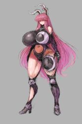 Rule 34 | 1girl, 2b-ge, asymmetrical legwear, bare shoulders, black bodysuit, bodysuit, breasts, clothing cutout, full body, grey background, high heels, huge breasts, long hair, matching hair/eyes, navel, navel cutout, pink eyes, pink hair, rabbit ears, reisen udongein inaba, shiny clothes, shiny skin, standing, thick thighs, thighs, touhou, wide hips