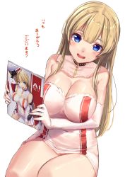 Rule 34 | 1girl, absurdres, akasaai, arm under breasts, blonde hair, blue eyes, blush, book, breast hold, breasts, character request, copyright request, highres, holding, holding book, large breasts, long hair, looking at viewer, no pants, open mouth, panties, solo, text focus, translation request, underwear