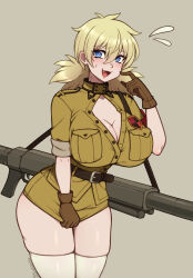 Rule 34 | 1girl, :d, anti-materiel rifle, belt, black belt, blonde hair, blue eyes, blush, breasts, brown background, brown gloves, brown jacket, brown skirt, cleavage, fang, gloves, gun, gun sling, hair between eyes, hand up, hellsing, hellsing 13.7mm baerlks, highres, jacket, large breasts, low twintails, medium hair, miniskirt, open mouth, rifle, seras victoria, simple background, skindentation, skirt, smile, sniper rifle, solo, the scarlet devil, thighhighs, twintails, vampire, weapon, white thighhighs