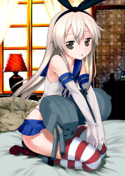 Rule 34 | 10s, 1girl, bed, black panties, blonde hair, blush, boots, character doll, cushion, elbow gloves, flat chest, gloves, hair ornament, hairband, hechi, highleg, highleg panties, highres, kantai collection, lantern, long hair, microskirt, panties, personification, portrait, rensouhou-chan, sailor collar, shimakaze (kancolle), sitting, skirt, striped clothes, striped thighhighs, thighhighs, triangle mouth, underwear, wariza, white gloves, wide hips, window