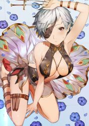 Rule 34 | 10s, 1girl, armpits, arms up, bare legs, bare shoulders, barefoot, between legs, breasts, center opening, cleavage, eyepatch, flower, gradient background, granblue fantasy, grey hair, jewelry, kneeling, knife, mikurou (nayuta), necklace, red eyes, short hair, solo, tania (granblue fantasy)