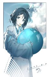 Rule 34 | 1girl, absurdres, ahoge, arknights, ball, beachball, black eyes, black hair, cloud, cloudy sky, cowboy shot, dated, grey hair, hair ornament, hairclip, highres, holding, holding ball, holding beachball, jacket, la pluma (summer flowers) (arknights), lanyard, looking at viewer, mouth hold, non porn, off shoulder, official alternate costume, open clothes, open jacket, qiumoyixing, short hair, signature, sky, solo, whistle