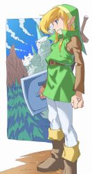 Rule 34 | 1boy, absurdres, belt, blonde hair, blue eyes, blue sky, boots, brown footwear, castle, cloud, day, green hat, green tunic, hat, highres, holding, holding shield, link, long sleeves, male focus, mountain, nintendo, outdoors, pants, pointy ears, pretty-purin720, shield, sidelocks, sky, solo, standing, sword, the legend of zelda, tree, triforce, weapon, white pants