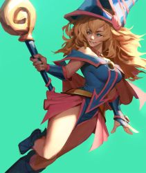 Rule 34 | 1girl, aqua background, bare shoulders, blonde hair, blue eyes, blue footwear, boots, dark magician girl, duel monster, hat, highres, holding, holding staff, ian su, leg up, long hair, off shoulder, parted lips, simple background, smile, solo, staff, wizard hat, yu-gi-oh!, yu-gi-oh! duel monsters
