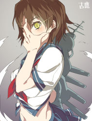 Rule 34 | 10s, 1girl, antennae, backpack, bag, brown hair, furutaka (kancolle), gradient background, hand on own face, highres, kantai collection, looking back, machinery, midriff, one eye closed, personification, pole, sailor collar, school uniform, serafuku, shirt, short hair, short sleeves, simple background, skirt, sleeve cuffs, solo, super zombie, white shirt, wink, yellow eyes