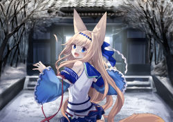 Rule 34 | 1girl, :d, absurdres, animal ears, blonde hair, blue eyes, blue skirt, blush, day, detached sleeves, fox ears, fox tail, from behind, gate, highres, japanese clothes, long hair, looking at viewer, looking back, miniskirt, open mouth, original, outdoors, sidelocks, skirt, smile, snow, solo, stairs, tail, tareme, very long hair, village, yoshizawa tsubaki