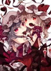 Rule 34 | 2girls, :o, bat wings, blonde hair, blue hair, commentary request, crystal, dress, fangs, flandre scarlet, grey headwear, hair between eyes, hat, hat ribbon, highres, looking at viewer, mob cap, multiple girls, nail polish, open mouth, petticoat, pointy ears, red dress, red eyes, red nails, red ribbon, remilia scarlet, ribbon, short hair, siblings, sisters, smile, touhou, toutenkou, upper body, white background, white headwear, wings, wrist cuffs