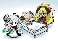 Rule 34 | = =, animal ears, bed, blonde hair, butterfly hair ornament, chibi, cloak, cross, fang, glasses, grey hair, hair ornament, horns, leaf, long hair, pixiv fantasia, pixiv fantasia wizard and knight, pointy ears, red eyes, sleeves past wrists, tail, yanagi (nurikoboshi)