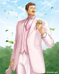 Rule 34 | 1boy, amanohashi ikkaku, blue sky, brown hair, cloud, corsage, day, facial hair, glasses, gloves, unworn gloves, leaf, looking to the side, male focus, mustache, norako gs3, pink suit, sky, solo, standing, suit, sunlight, tokimeki memorial, tokimeki memorial girl&#039;s side, twitter username, white gloves