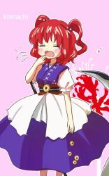 Rule 34 | 1girl, closed eyes, hair bobbles, hair ornament, japanese clothes, onozuka komachi, open mouth, red eyes, red hair, scythe, simple background, solo, tona (nekotte), touhou, wavy mouth, yawning