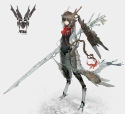 Rule 34 | 1girl, android, arm mounted weapon, brown hair, digitigrade, full body, headgear, highres, long hair, mechanical arms, mechanical legs, navel, original, pelvic curtain, polearm, red eyes, see-through body, solo, standing, tail, toriseka, weapon