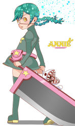 Rule 34 | 1girl, annie (skullgirls), bag, blush, boots, breasts, rabbit, character name, child, dress, eito, eyepatch, green hair, long hair, looking back, open mouth, parasite, sagan (skullgirls), skullgirls, small breasts, solo, stuffed animal, stuffed toy, sword, thigh boots, thighhighs, twintails, weapon, yellow eyes