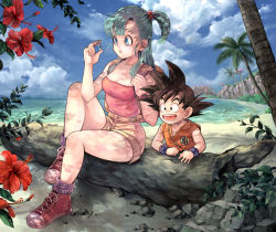 Rule 34 | 1boy, 1girl, ?, aqua hair, backpack, bad id, bad pixiv id, bag, bare arms, bare legs, bare shoulders, beach, black hair, blue eyes, breasts, bulma, cleavage, cloud, cloudy sky, day, dragon ball, dragon ball (classic), flower, hair bobbles, hair ornament, highres, johnny, johnny (nana), knee up, lips, log, long hair, medium breasts, nib pen (medium), ocean, oil painting (medium), open mouth, outdoors, painting (medium), palm tree, scenery, shoes, shorts, sitting, sky, small breasts, sneakers, son goku, strapless, teenage girl and younger boy, teeth, thighs, traditional media, tree, tube top, watch, water, wristband, wristwatch