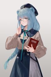 Rule 34 | 1girl, absurdres, animal ears, arknights, ascot, bear ears, blue eyes, blue hair, blue ribbon, book, braid, finger to mouth, hair ornament, hat, highres, holding, holding book, hongbaise raw, istina (arknights), long braid, long hair, long sleeves, looking at viewer, monocle, multicolored hair, ribbon, shirt, simple background, skirt, solo, star (symbol), star hair ornament, streaked hair, white ascot, white background