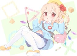 Rule 34 | 1girl, alternate costume, bag, blonde hair, blue shirt, blue shorts, child, collared shirt, crayon, crystal, flandre scarlet, hat, heart-shaped bag, knees together feet apart, long sleeves, midriff peek, open mouth, pale color, pantyhose, pointy ears, red eyes, sakurea, school uniform, shirt, shoes, shorts, shoulder bag, side ponytail, sidelocks, sleeves past wrists, solo, touhou, white background, white pantyhose