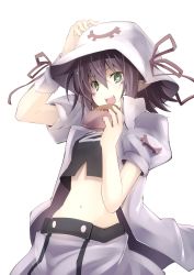 Rule 34 | 1girl, :d, arm up, breasts, doughnut, facial mark, food, green eyes, hair between eyes, hand on headwear, hat, hat ribbon, highres, hijiki meshi, looking at viewer, merry nightmare, midriff, navel, open mouth, pointy ears, puffy short sleeves, puffy sleeves, purple hair, ribbon, short hair, short sleeves, skirt, smile, solo, symbol-shaped pupils, wristband, yumekui merry