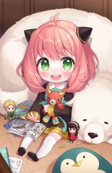 Rule 34 | 1girl, :d, anya (spy x family), chibi, child, commentary, eden academy school uniform, hairpods, highres, holding, holding stuffed toy, looking at viewer, moorina, open mouth, peanut, pink hair, school uniform, signature, sitting, sketch, smile, solo, spy x family, stuffed toy, teeth, twilight (spy x family), upper teeth only, yor briar