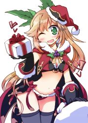 Rule 34 | 10s, 1girl, adapted costume, alternate costume, alternate hairstyle, bikini, black gloves, blue thighhighs, blush, box, breasts, cape, christmas, clarisse (granblue fantasy), gift, gift box, gloves, granblue fantasy, green eyes, hat, heart, holly, light brown hair, long hair, looking at viewer, navel, one eye closed, open mouth, red cape, sack, santa costume, santa hat, simple background, smile, solo, swimsuit, thighhighs, white background, yuuhi alpha