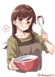 Rule 34 | 1girl, apron, blush, bowl, breasts, brown eyes, brown hair, casual, chocolate, chocolate making, collarbone, contemporary, ebifurya, green shirt, hair between eyes, head tilt, heart, highres, kantai collection, large breasts, long hair, ooi (kancolle), school uniform, serafuku, shirt, simple background, sleeves rolled up, smile, solo, spoken heart, twitter username, upper body, white background