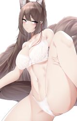 Rule 34 | 1girl, absurdres, amagi (azur lane), animal ears, azur lane, bare arms, bare legs, blush, bra, breasts, brown hair, cleavage, closed mouth, collarbone, dated commentary, fox ears, fox tail, grey eyes, highres, leg up, lingerie, looking at viewer, medium breasts, navel, panties, samip, simple background, solo, tail, thighs, underwear, underwear only, white background, white bra, white panties