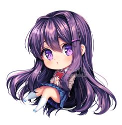 Rule 34 | 1girl, aqua footwear, artist name, blazer, blue skirt, blush, book, brown jacket, chibi, chibi only, collared shirt, commentary, doki doki literature club, english commentary, full body, hair between eyes, hair ornament, highres, holding, holding book, jacket, kneehighs, long hair, long sleeves, looking to the side, parted lips, pleated skirt, purple eyes, purple hair, sasucchi95, shirt, sidelocks, skirt, socks, solo, transparent background, two-tone footwear, very long hair, white footwear, white shirt, white socks, yuri (doki doki literature club)