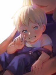 1boy 1girl absurdres aged_down blonde_hair blue_eyes blush_stickers boruto:_naruto_next_generations carrying child_carry commentary english_commentary grin highres looking_at_viewer mother_and_son naruto_(series) no_pupils overalls purple_overalls short_hair simple_background smile toddler v white_background xmonday_mintx yamanaka_ino yamanaka_inojin