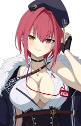 Rule 34 | 1girl, absurdres, beret, black gloves, breasts, cleavage, commentary, daydarion, fingerless gloves, gloves, hat, heterochromia, highres, hololive, houshou marine, houshou marine (businesswoman), id card, jewelry, lanyard, large breasts, looking at viewer, necklace, red eyes, red hair, short hair, simple background, smile, upper body, virtual youtuber, white background, yellow eyes