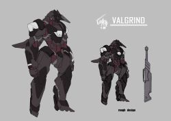 Rule 34 | ayato mabu, character name, clenched hands, grey background, highres, horns, mecha, multiple views, no humans, original, robot, science fiction, single horn, sketch, standing, sword, weapon