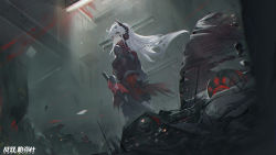 Rule 34 | 1girl, blood, debris, from below, hair between eyes, highres, light, long hair, looking back, looking down, lucia: crimson abyss (punishing: gray raven), machinery, official art, punishing: gray raven, rubble, scarf, sheath, solo, tagme, upper body, white hair, zhang shuang pa mi shi