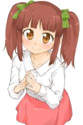 Rule 34 | 1girl, akitsuki itsuki, blush, bow, brown eyes, brown hair, closed mouth, cowboy shot, green bow, hair bow, hands up, heart, heart-shaped pupils, idolmaster, idolmaster cinderella girls, long sleeves, looking at viewer, miniskirt, ogata chieri, red skirt, shirt, simple background, skirt, smile, solo, steepled fingers, symbol-shaped pupils, twintails, white background, white shirt