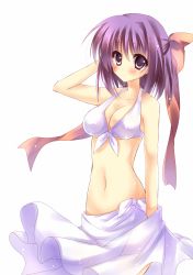 Rule 34 | 1girl, amane ruri, bikini, bow, breasts, cleavage, front-tie top, hair bow, hair ribbon, highres, large breasts, md5 mismatch, original, purple eyes, purple hair, resolution mismatch, ribbon, sarong, short hair, solo, source smaller, swimsuit, type (artist)