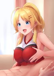 Rule 34 | 1boy, 1girl, ahoge, bare shoulders, blonde hair, blue eyes, blush, breasts, breasts squeezed together, cheerleader, clothed female nude male, crop top, hachimiya meguru, hair ornament, hairclip, hetero, highres, idolmaster, idolmaster shiny colors, large breasts, long hair, nude, open mouth, paizuri, paizuri under clothes, ponytail, smile, warubo