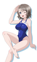 Rule 34 | 1girl, absurdres, barefoot, blue eyes, breasts, competition swimsuit, covered navel, feet, foot out of frame, grey hair, haguraa (zerozeek), highres, invisible chair, knee up, legs, love live!, love live! sunshine!!, medium breasts, one-piece swimsuit, one eye closed, open mouth, round teeth, salute, short hair, sitting, solo, swimsuit, teeth, toenails, toes, upper teeth only, watanabe you, white background