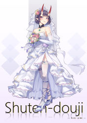 Rule 34 | 1girl, :q, absurdres, bare shoulders, black choker, blue bow, blue footwear, blush, bob cut, bouquet, bow, breasts, bridal garter, bridal veil, bride, character name, choker, closed mouth, dress, elbow gloves, eyeliner, fang, fang out, fate/grand order, fate (series), flower, full body, garter straps, gloves, hair flower, hair ornament, high heels, highres, horns, jewelry, kaer sasi dianxia, lips, looking at viewer, makeup, necklace, oni, ornate ring, purple eyes, purple hair, ring, short eyebrows, short hair, shuten douji (fate), simple background, single thighhigh, skin-covered horns, small breasts, smile, solo, standing, thighhighs, tiara, tongue, tongue out, veil, wedding dress, wedding ring, white dress, white gloves, white thighhighs
