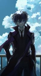 Rule 34 | 1boy, absurdres, backlighting, bad id, bad twitter id, bandage over one eye, bandaged neck, bandages, black coat, black hair, black jacket, black necktie, black pants, black suit, blue sky, bungou stray dogs, closed mouth, cloud, coat, day, dazai osamu (bungou stray dogs), empty eyes, formal, grey eyes, half-closed eyes, hands in pockets, highres, jacket, looking at viewer, male focus, necktie, nozz177, outdoors, pants, railing, shirt, sky, smile, solo, suit, white shirt, wing collar