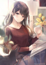 Rule 34 | 1girl, animal, black cat, black hair, blurry, blurry background, blurry foreground, breasts, brown hair, brown sweater, cat, closed mouth, commentary request, cup, depth of field, flower, head tilt, holding, holding cup, indoors, kagachi saku, long hair, looking at viewer, medium breasts, original, ribbed sweater, signature, smile, solo, sweater, tulip, very long hair, watermark, web address, yellow flower