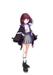 Rule 34 | 1girl, absurdres, artist request, bob cut, casual, child, female focus, full body, grey skirt, higashiyama akisa, highres, hime cut, jacket, looking at viewer, magicami, miniskirt, official art, open mouth, oversized clothes, pleated skirt, purple eyes, shoes, skirt, sneakers, socks, standing, transparent background, white socks