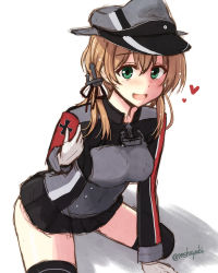 Rule 34 | 1girl, black skirt, black thighhighs, blonde hair, blush, gloves, green eyes, grey hat, hair between eyes, hat, heart, kantai collection, long hair, long sleeves, low twintails, lowres, mashayuki, military, military hat, military uniform, one-hour drawing challenge, open mouth, peaked cap, pleated skirt, prinz eugen (kancolle), skirt, smile, solo, thighhighs, twintails, twitter username, uniform, white gloves
