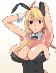 Rule 34 | 1girl, animal ears, armpits, arms up, blonde hair, bow, bowtie, breasts, cleavage, detached sleeves, fake animal ears, fushimi yuyu, highres, large breasts, leotard, long hair, looking at viewer, low twintails, open mouth, playboy bunny, rabbit ears, red eyes, salad tokutaro, simple background, solo, twintails, usotsuki mii-kun to kowareta maa-chan, white background, wrist cuffs