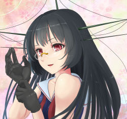 Rule 34 | 10s, 1girl, adjusting clothes, adjusting gloves, black hair, choukai (kancolle), glasses, gloves, hair ornament, kantai collection, long hair, red eyes, rimless eyewear, saty-rokuji, solo, upper body