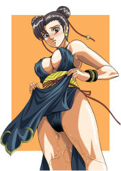 Rule 34 | 1girl, alternate costume, bare legs, bracelet, breasts, capcom, china dress, chinese clothes, chun-li, dress, female focus, jewelry, large breasts, legs, looking at viewer, pelvic curtain, pussy juice, spiked bracelet, spikes, street fighter