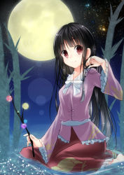 Rule 34 | 1girl, barefoot, black hair, bow, branch, brown eyes, forest, full moon, hand in own hair, highres, houraisan kaguya, jeweled branch of hourai, long hair, long sleeves, looking at viewer, moon, nature, night, shirt, sitting, skirt, sky, smile, solo, star (sky), starry sky, tika (mika4975), touhou, very long hair, wariza, water, wide sleeves