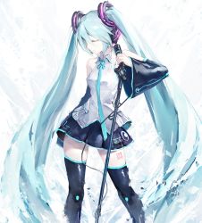 Rule 34 | 1girl, absurdres, aqua hair, bare shoulders, black skirt, black sleeves, black thighhighs, blouse, blue neckwear, breasts, closed mouth, collared shirt, commentary, detached sleeves, closed eyes, glowing, hatsune miku, headset, highres, holding, holding microphone, kuroyume (96061617), leg tattoo, long hair, long sleeves, microphone, number tattoo, pleated skirt, shirt, skirt, sleeveless, sleeveless shirt, sleeves past wrists, small breasts, solo, tattoo, thighhighs, twintails, very long hair, vocaloid, white shirt, wide sleeves, zettai ryouiki
