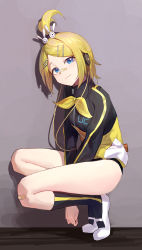 Rule 34 | 1girl, absurdres, ahoge, bandaid, bandaid on face, bandaid on knee, bandaid on leg, bandaid on nose, black footwear, black jacket, blonde hair, blue eyes, closed mouth, full body, hair ornament, hairclip, headphones, highres, jacket, kagamine rin, light smile, looking at viewer, mac star, multicolored clothes, multicolored jacket, shoes, short hair, smile, socks, solo, squatting, thighs, track jacket, two-tone jacket, vocaloid, yellow jacket
