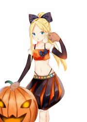 Rule 34 | 1girl, :o, abigail williams (fate), absurdres, alternate costume, alternate hairstyle, animal hands, bare shoulders, black bow, black skirt, black sleeves, blonde hair, blue eyes, bow, breasts, bubble skirt, collarbone, commentary request, crop top, detached sleeves, fate/grand order, fate (series), forehead, fur-trimmed sleeves, fur trim, gloves, hair bow, halloween, high ponytail, highres, jack-o&#039;-lantern, long hair, long sleeves, looking at viewer, midriff, navel, parted lips, paw gloves, polka dot, polka dot bow, ponytail, sidelocks, skirt, small breasts, solo, very long hair, white background, yukaa